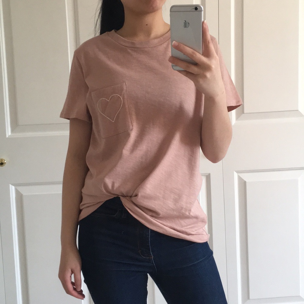 BELOVED - Dusty Pink Heart Embroidered With A Front Pocket Casual T-Shirt Tee